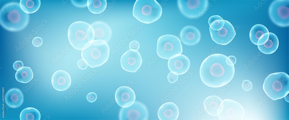 Transparent blue cell stem science background. Biology research dna nucleus cells. Microscopic molecular vector pattern.