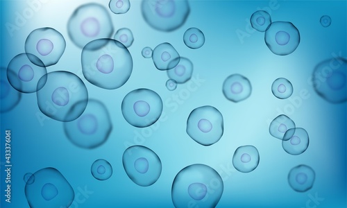 Transparent blue cell stem science background. Biology research dna nucleus cells. Microscopic molecular vector pattern.