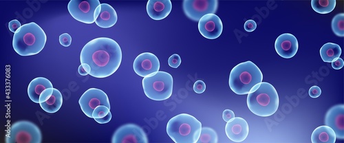 Transparent blue cell stem science background. Biology research dna nucleus cells. Microscopic molecular vector pattern.