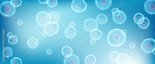 Transparent blue cell stem science background. Biology research dna nucleus cells. Microscopic molecular vector pattern.