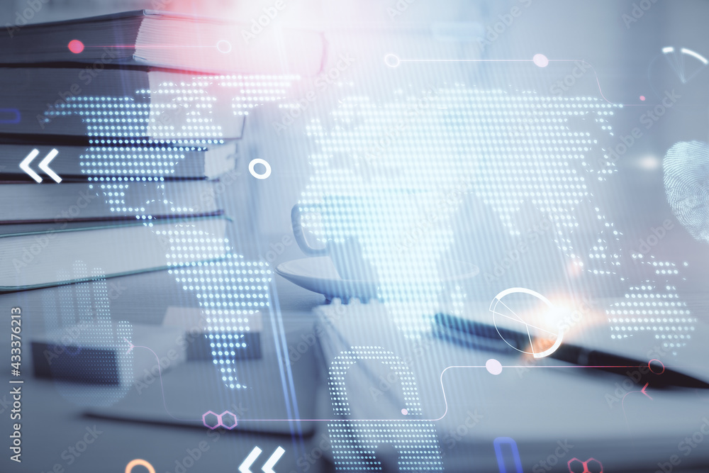 Fototapeta premium Double exposure of map drawing and desktop with coffee and items on table background. Concept of global data.