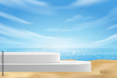 Empty modern white color table for pedestal product display  summer beach with blue sea and sky banner background.