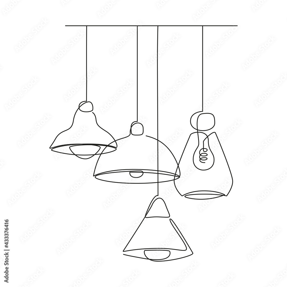 Loft lamps collection and lampshades in one line drawing. Vector illustration of Hanging modern