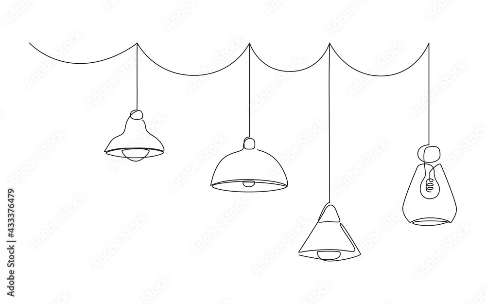 Vecteur Stock Loft lamps collection and lampshades in one line drawing. Horizotal Vector