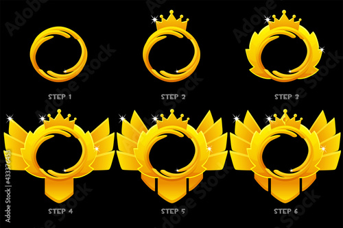 Gold frame game rank, round avatar template 6 steps animation drawing for game.