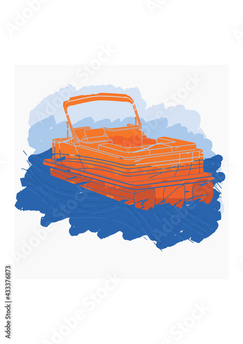 Editable Isolated Flat Brush Strokes Style Three-Quarter Top Oblique View Pontoon Boat With Water and Sky Vector Illustration for Artwork Element of Transportation or Recreation Related Design