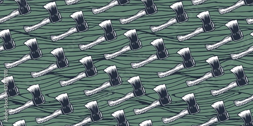 Axe of lumberjack and axeman. Hatchet or sharp ax for woodworker and logger. Chop tool for print design. Seamless pattern