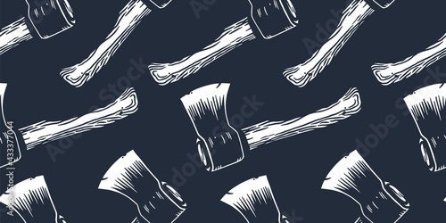 Axe of lumberjack and axeman. Hatchet or sharp ax for woodworker and logger. Chop tool for print design. Seamless pattern
