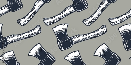 Axe of lumberjack and axeman. Hatchet or sharp ax for woodworker and logger. Chop tool for print design. Seamless pattern