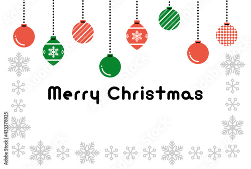 クリスマスカード　テンプレート（オーナメントと雪の結晶のフレーム）／横向き