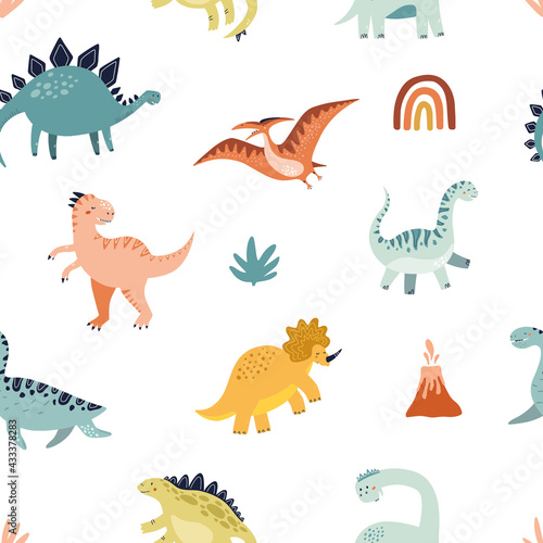 Dinosaur seamless pattern. Hand drawn vector illustration for wrapping or textile design