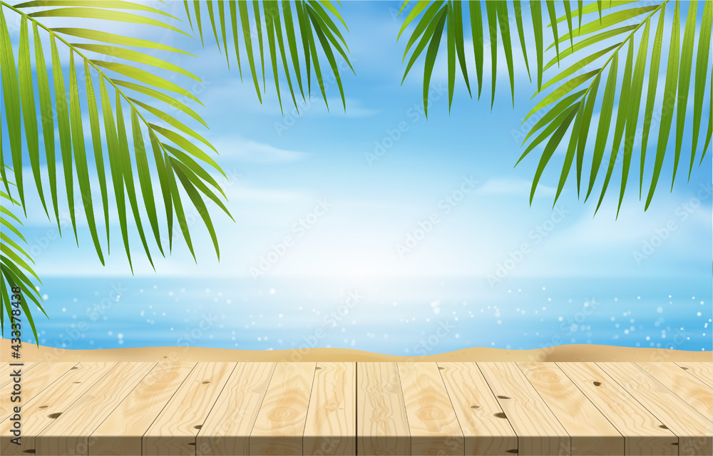 Empty wood table for product presentation, summer beach with blue sea and sky banner background. Empty wood table for product presentation, summer beach with blue sea and sky banner background.
