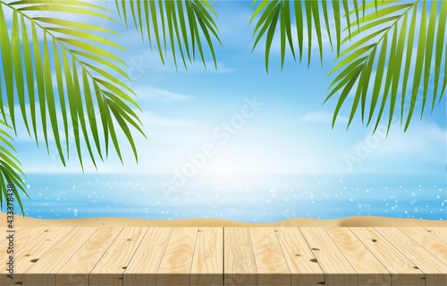 Fototapeta Naklejka Na Ścianę i Meble -  Empty wood table for product presentation, summer beach with blue sea and sky banner background.