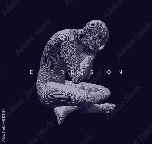 Miserable depressed man sitting and thinking. Guy holding head with hands. 3D model of man. Voxel art. Vector illustration.