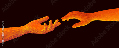 Hands reaching towards each other. Concept of human relation, togetherness or  partnership. Pixel cube art. 3D vector illustration. Can be used for advertising, marketing or presentation.