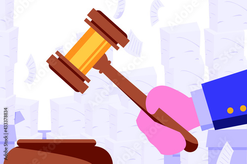 Hand holds a gavel. All rise, the court is in session