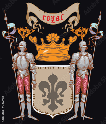 vector image of a medieval coat of arms with knights in armor, ancient style graphics