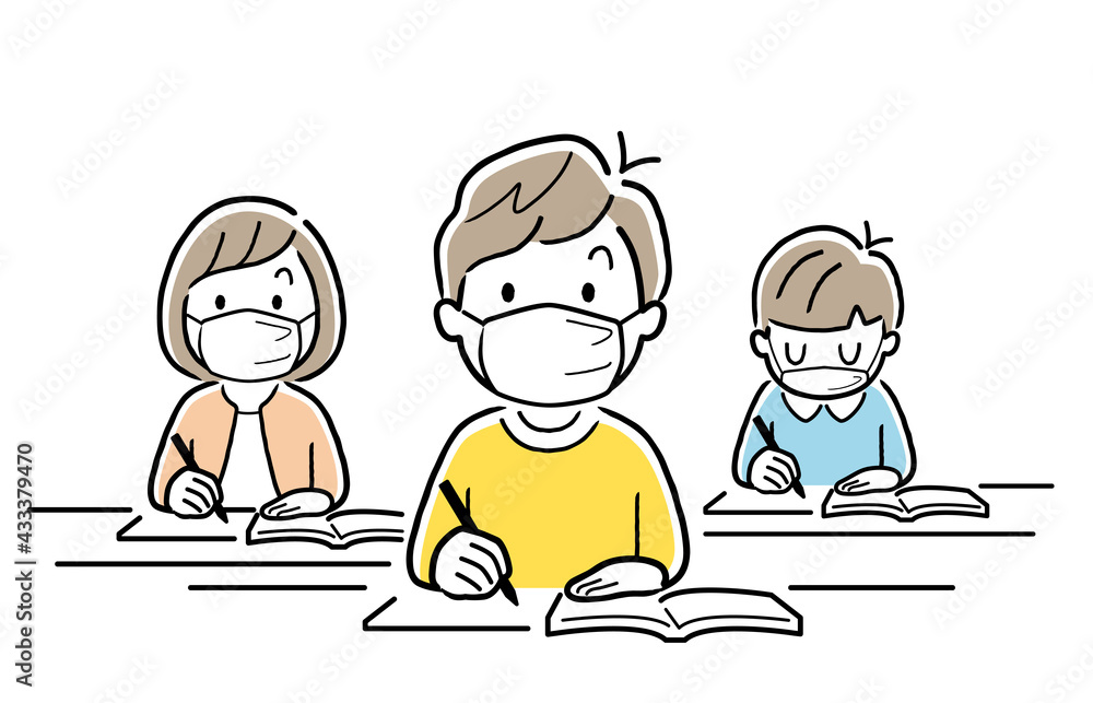 ベクターイラスト素材:授業を受けるマスクを付けた小学生の男の子たち
ベクターイラスト素材:授業を受けるマスクを付けた小学生の男の子たち