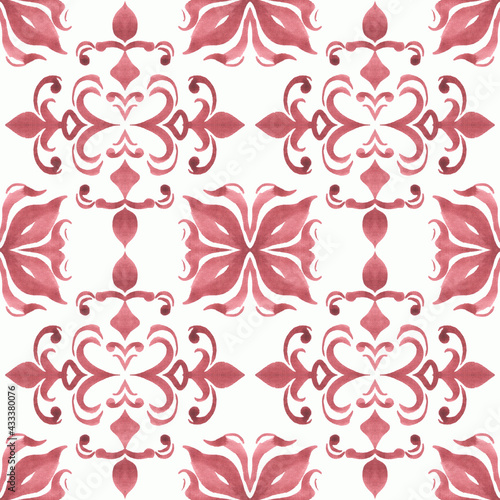 Hand-painted watercolor Portuguese tiles with red ornament. Seamless pattern on white background.