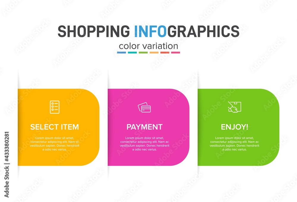 Concept of shopping process with 3 successive steps. Three colorful graphic elements. Timeline design for brochure, presentation, web site. Infographic design layout. Concept of shopping process with 3 successive steps. Three colorful graphic elements. Timeline design for brochure, presentation, web site. Infographic design layout.