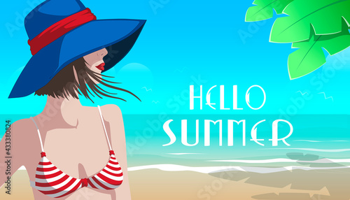 Fashionable girl in a swimsuit on the beach. Summer vacation on tropical beach. Vector illustration