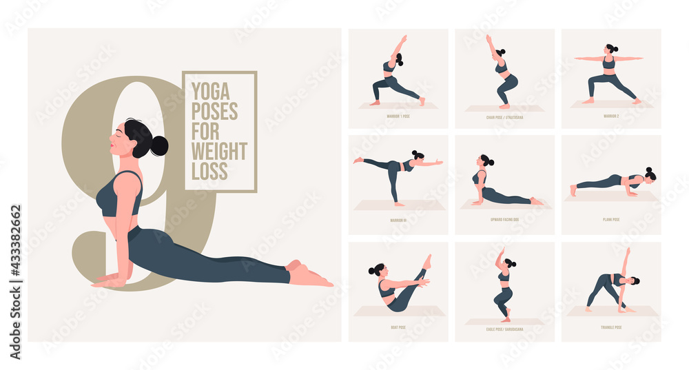 Yoga poses For Weight loss. Young woman practicing Yoga pose. Woman workout  fitness, aerobic and exercises 25660355 Vector Art at Vecteezy