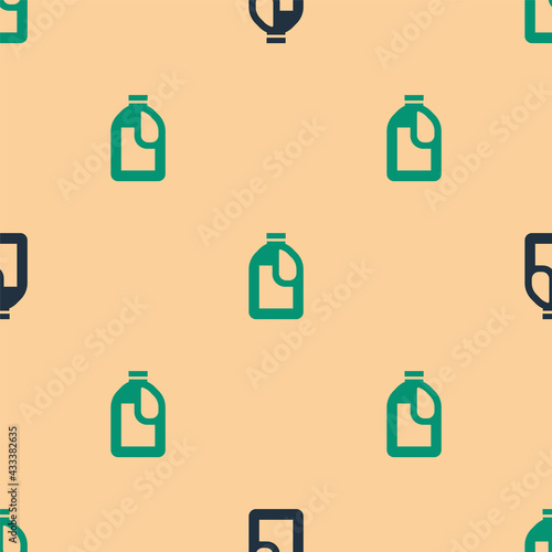 Green and black Plastic bottle for laundry detergent, bleach, dishwashing liquid or another cleaning agent icon isolated seamless pattern on beige background. Vector