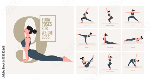 yoga poses for Weight Loss. Young woman practicing Yoga pose. Woman workout fitness, aerobic and exercises. Vector Illustration.