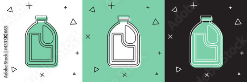 Set Plastic bottle for laundry detergent, bleach, dishwashing liquid or another cleaning agent icon isolated on white and green, black background. Vector