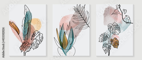 Topical leaves abstract watercolor art background vector. Wall arts design with earth tone and watercolor brush texture.