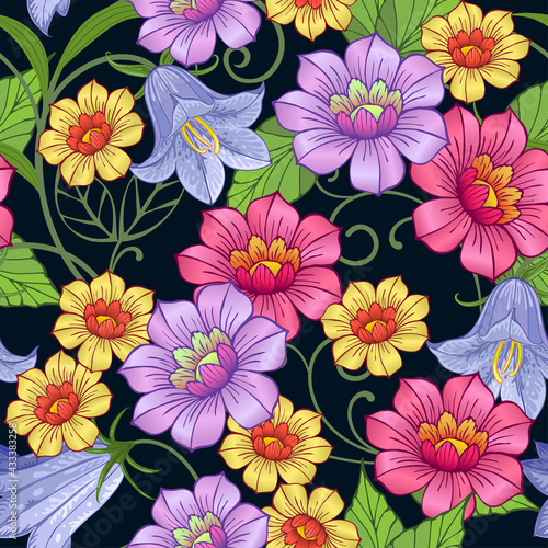 Floral seamless background. Colorful flowers on a dark background. Vector design. © Светлана Губенко