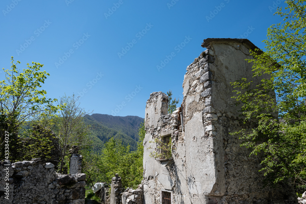 The abandoned and dilapidated mountain village of Moggessa, carnic Alps, Moggio Udinese, Udine province, Friuli Venezia Giulia, Italy. Earthquake consequence.
