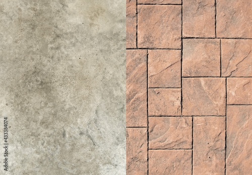 Polished concrete and stamped concrete collage of different textures and finishes