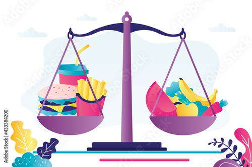 Weighing pan full of different fruits and vegetables. Balancing healthy and unhealthy foods