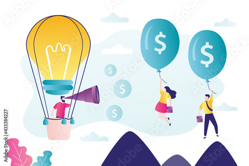 Businessman fly on idea lightbulb and searching sponsor to finance startup. Various investors flying on big money balloons.