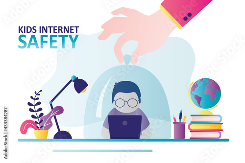 Hand holds schoolboy under dome. Parents provide safe internet for child. Kid studying on laptop. Parental control.