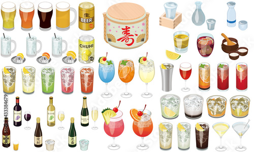 お酒・カクテルの人気メニューイラスト①（ビール、日本酒、ワイン、サワー、ハイボール）