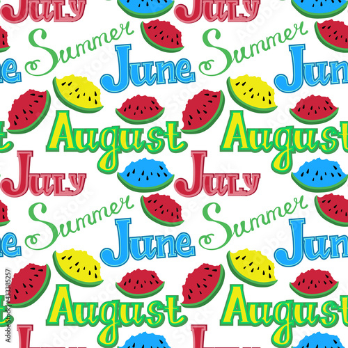 Summer Lettering Pattern vector . the months of June, July , and August . Watermelon illustration flat. the seamless picture is multicolored on a white background . blank for clothing design, printed 