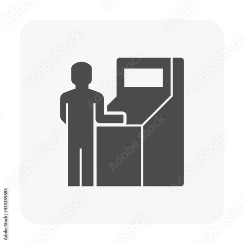 Operator vector icon. May called worker, engineer, technician or people to use computer to control machine of factory plant. Technology for industrial work i.e. cnc milling, production, manufacturing.