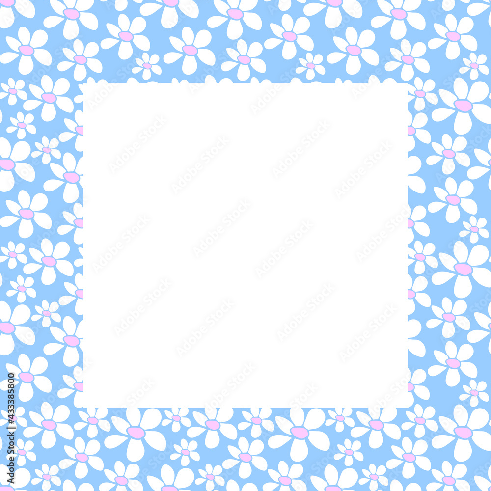 Vector frame, border with small flowers in flat style. Cute simple primitive summer background, decoration Vector frame, border with small flowers in flat style. Cute simple primitive summer background, decoration