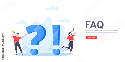 Q and A or FAQ concept with tiny people characters, big question and exclamation mark, frequently asked questions template. Answers business support concept flat style design vector illustration.