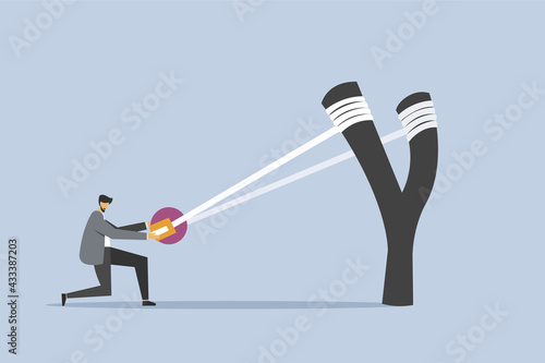 Print op canvas Illustration of a businessman aiming high with a big catapult