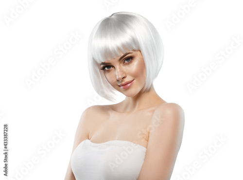 Young beautiful woman with blonde short hair bob style isolated on white healthy beauty skin photo
