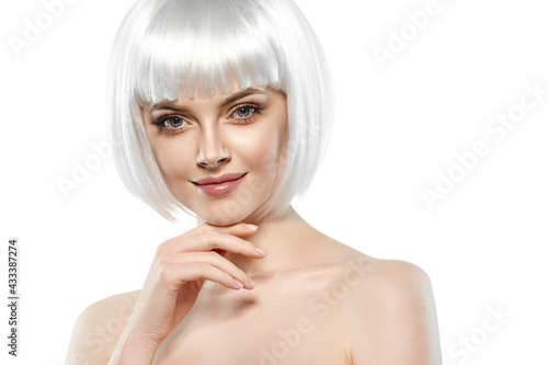 Fotobehang Young beautiful woman with blonde short hair bob style isolated on white healthy