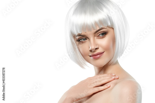 Young beautiful woman with blonde short hair bob style isolated on white healthy beauty skin