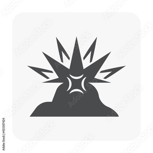 Blasting in open cast quarry vector icon. Include smoke, dust. Explosion by dynamite to break destruction rock, stone, coal, earth to open pit mines for excavation, mining and construction industry.