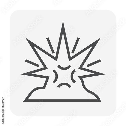 Blasting in open cast quarry vector icon. Include smoke, dust. Explosion by dynamite to break destruction rock, stone, coal, earth to open pit mines for excavation, mining, industry, editable stroke.