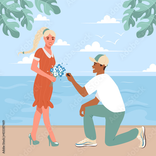 The young guy got down on one knee and proposes to his girlfriend on the embankment by the sea. Couple in love at the resort. Flat vector illustration