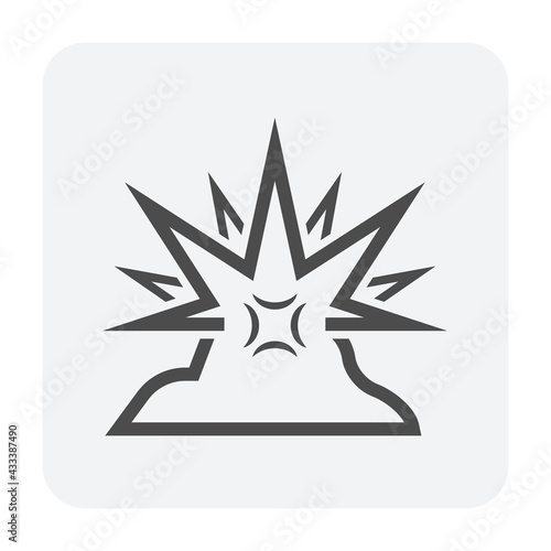 Blasting in open cast quarry vector icon. Include smoke, dust. Explosion by dynamite to break destruction rock, stone, coal, earth to open pit mines for excavation, mining and construction industry.