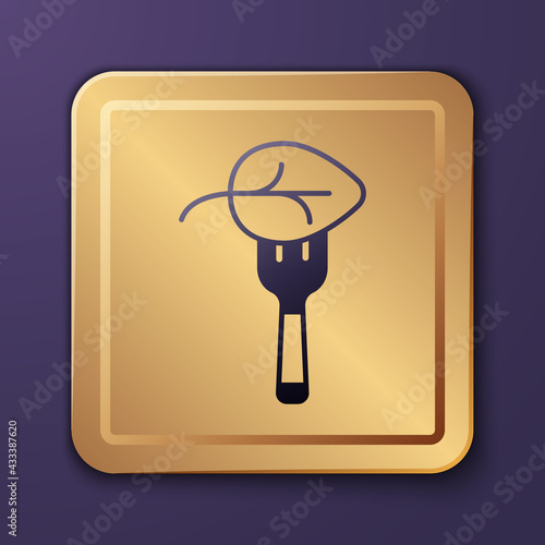 Purple Vegan food diet icon isolated Purple background. Organic, bio, eco symbol. Vegan, no meat, lactose free, healthy, fresh and nonviolent food. Gold square button. Vector
